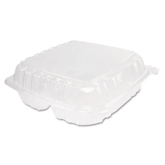 Dart® ClearSeal Hinged-Lid Plastic Containers, 3 Compartments, 9.4 x 8.9 x 3, Plastic, 100/Bag, 2 Bags/Carton