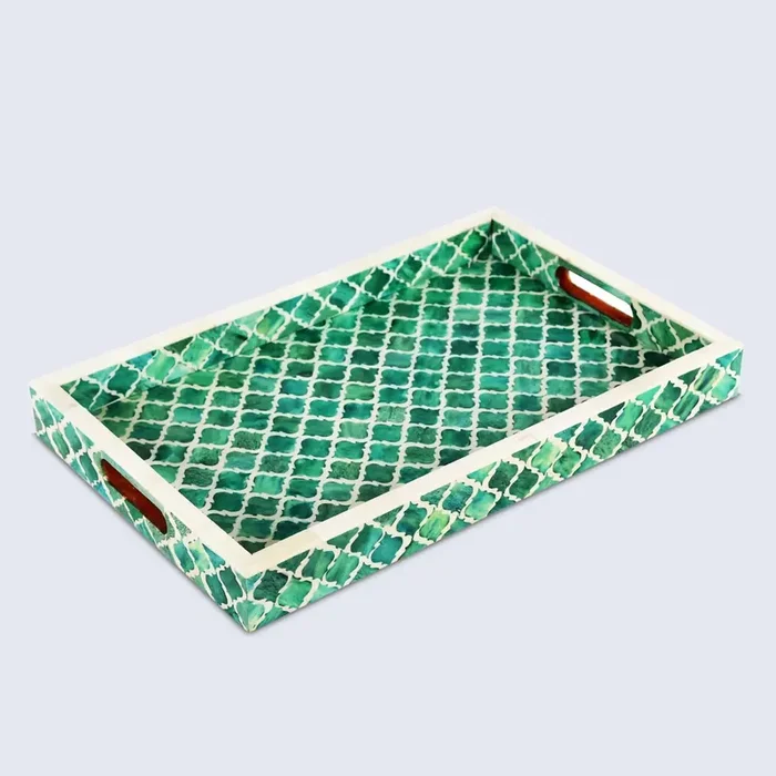 Decorative Trays Moroccan Pattern Bone & Resin Inlay Collection in 3 Sizes, Green & White