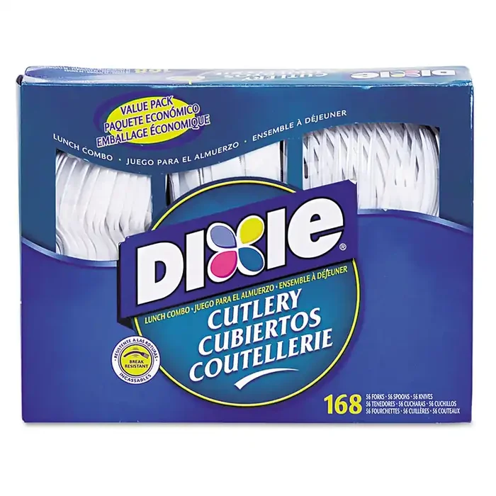 Dixie® Combo Pack, Tray with White Plastic Utensils, Heavyweight, Fork/Knife/Spoon, 168/Pack