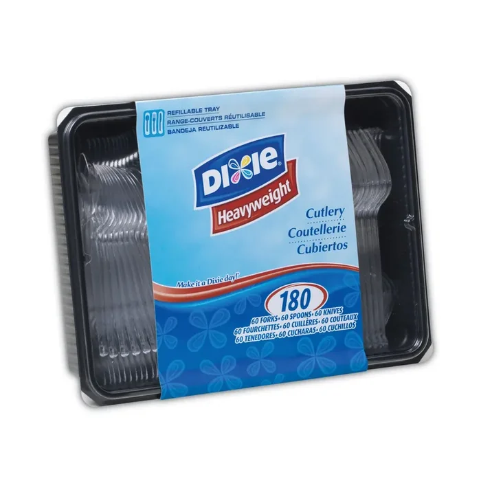 Dixie® Cutlery Keeper Tray with Clear Plastic Utensils, Heavyweight, Fork/Knife/Spoon, Plastic, Crystal Clear, 1,800/Carton