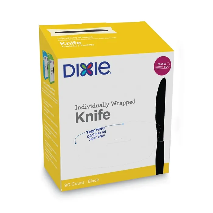 Dixie® Grab‘N Go Wrapped Cutlery, Knife, Plastic, Black, 90/Box