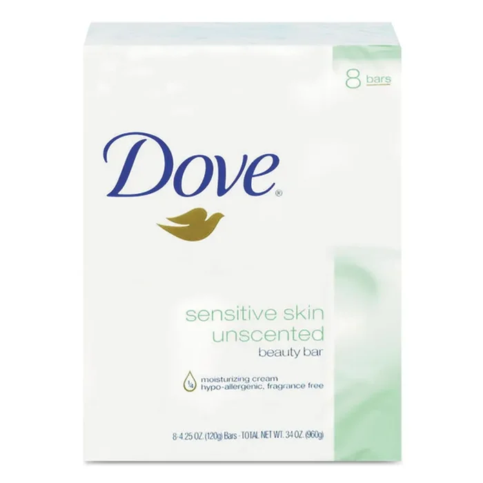 Dove® Sensitive Skin Bath Bar, Unscented, 4.5 oz, 8 Bars/Pack, 9 Packs/Carton