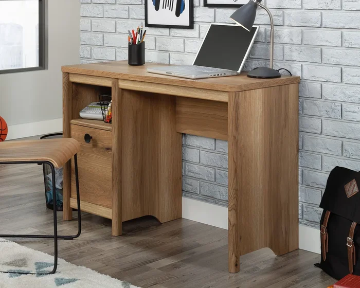 Dover Edge Desk in Timber Oak – Compact Computer Desk with Hidden Storage Cabinet & Shelves | Finished on All Sides for Flexible Placement