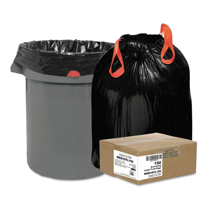 Draw ‘n Tie® Heavy-Duty Trash Bags, Drawstring, 33 gal, 1.2 mil, 33.5″ x 38″, Black, 25 Bags/Roll, 6 Rolls/Box