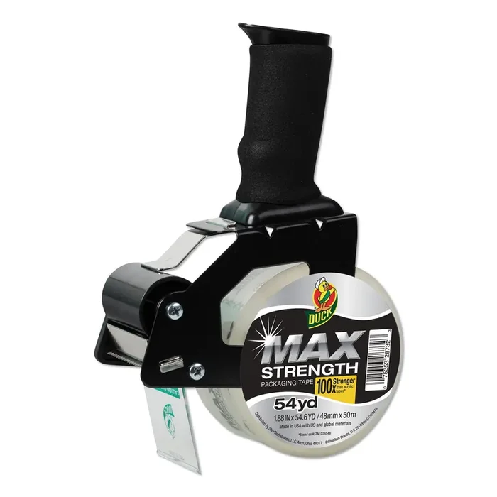 Duck® Max Packaging Tape With Pistol Grip Dispenser, 3″ Core, 1.88″ X 54.6 Yds, Crystal Clear