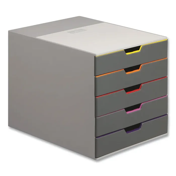 Durable® VARICOLOR Stackable Plastic Drawer Box, 5 Drawers, Letter to Folio Size Files, 11.5″ x 14″ x 11″, Gray