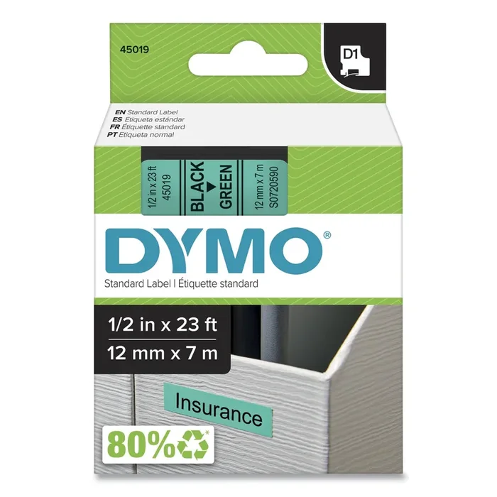 DYMO® D1 High-Performance Polyester Removable Label Tape, 0.5″ X 23 Ft, Black On Green