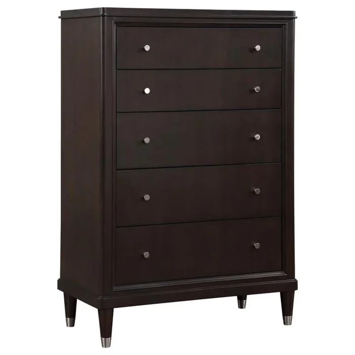 Emberlyn 5-Drawer Bedroom Chest – Brown Finish with Felt-Lined Top Drawer, Cedar-Lined Bottom Drawer & Gleaming Hardware for Stylish Storage