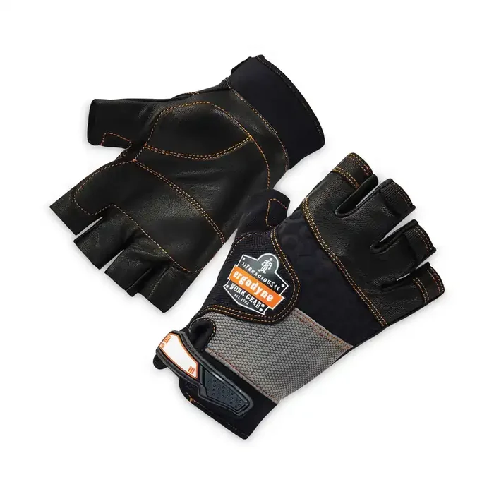 ergodyne® ProFlex 901 Half-Finger Leather Impact Gloves, Black, Small, Pair