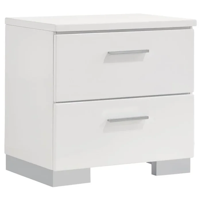 Felicity 2-Drawer Nightstand in White High Gloss – Modern Bedroom Storage with Chrome Handles, Metal Glides & Sleek Contemporary Design