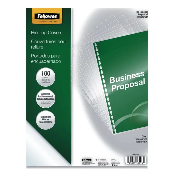 Fellowes® Crystals Transparent Presentation Covers for Binding Systems, Clear, with Round Corners, 11.25 x 8.75, Punched, 100/Pack