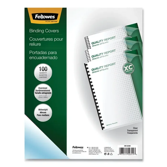 Fellowes® Crystals Transparent Presentation Covers for Binding Systems, Clear, with Round Corners, 11.25 x 8.75, Unpunched, 100/Pack