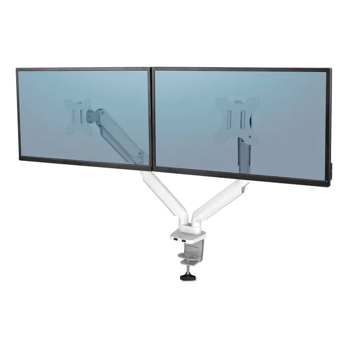 Fellowes® Platinum Series Dual Monitor Arm, For 27″ Monitors, 360 Deg Rotation, 45 Deg Tilt, 180 Deg Pan, White, Supports 20 Lb