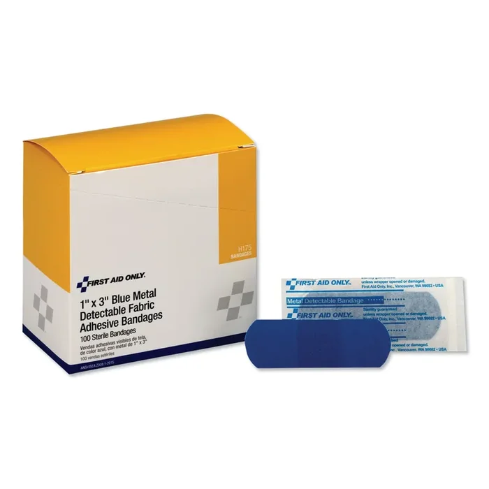 First Aid Only™ Adhesive Blue Metal Detectable Bandages, 1 X 3, Plastic With Foil, 100/box, 12 Boxes/carton