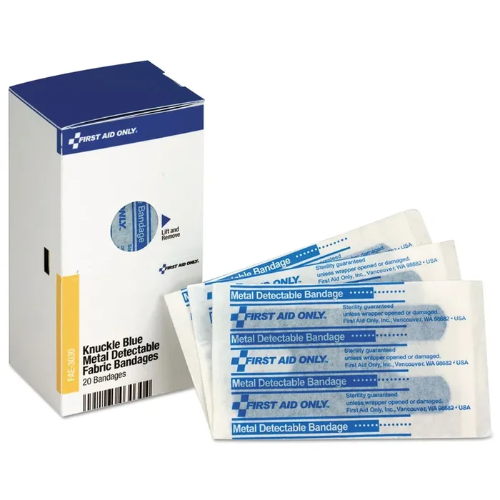 First Aid Only™ Smartcompliance Blue Metal Detectable Bandages, Knuckle, 1 X 3, 20/box