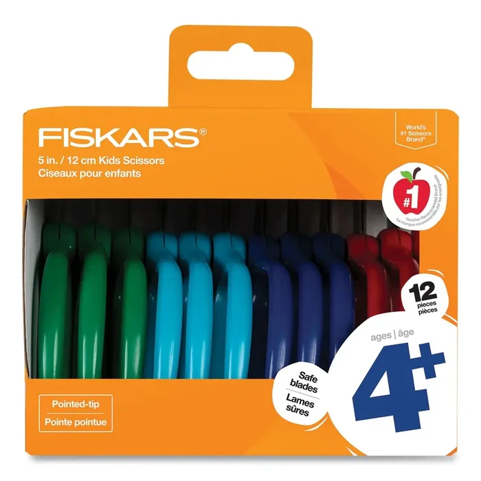 Fiskars® Kids Scissors Classpack, Pointed Tip, 5″ Long, 1.75″ Cut Length, Straight Assorted Color Handles, 12/Pack