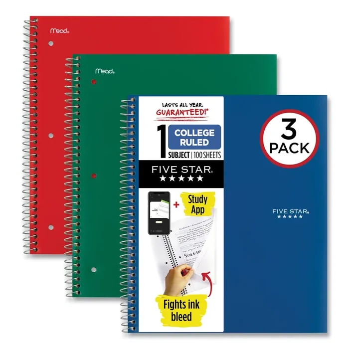 Five Star® Wirebound Notebook with Two Pockets, 1-Subject, Med/College Rule, Asst Cover Color (Red/GN/BL), (100) 11 x 8.5 Sheets, 3/Pack