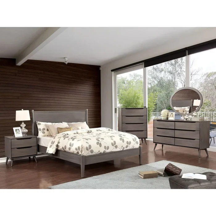 Furniture Of America Lennart Gray Mid-Century Modern 4-Piece Full Bedroom Set With Oval Mirror Model CM7386GY-F-4PC-MO