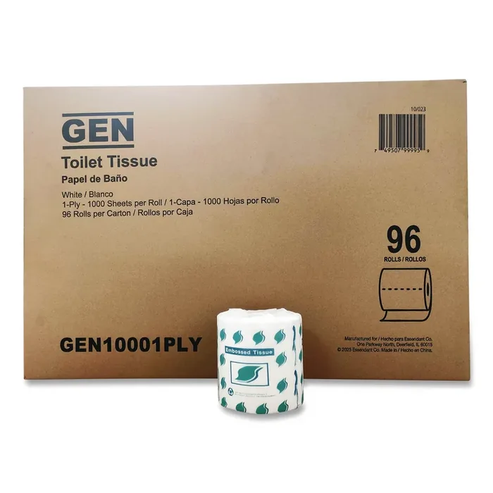 GEN Small Roll Bath Tissue, Septic Safe, 1-Ply, White, 1,000 Sheets/Roll, 96 Rolls/Carton