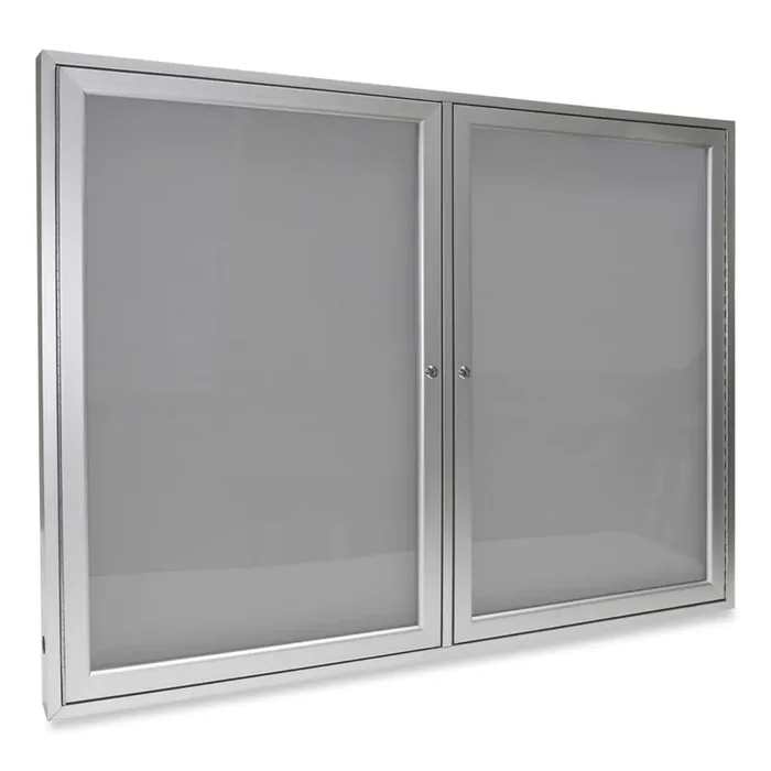 Ghent 2 Door Enclosed Vinyl Bulletin Board with Satin Frame, 60″ x 48″, Silver Surface, Satin Aluminum Frame