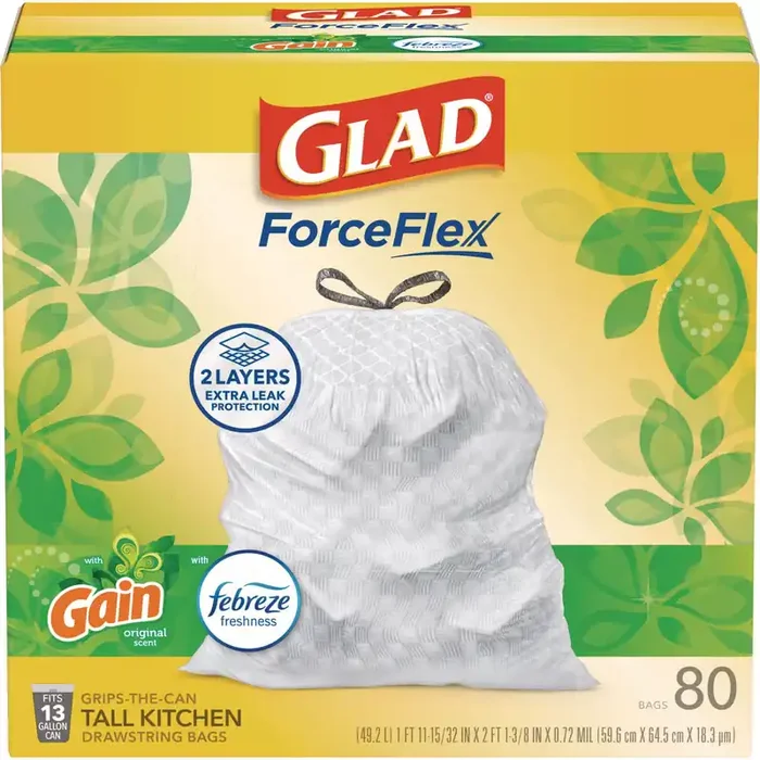Glad® ForceFlex Kitchen Drawstring Trash Bags, 13 gal, Gain Original Scent, 24 x 27.38, White, 80/Box