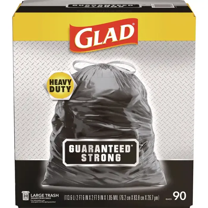 Glad® Guaranteed Strong Large Drawstring Trash Bags, Three-Ply, 30 gal, 1.05 mil, 30″ x 33″, Black, 90/Carton