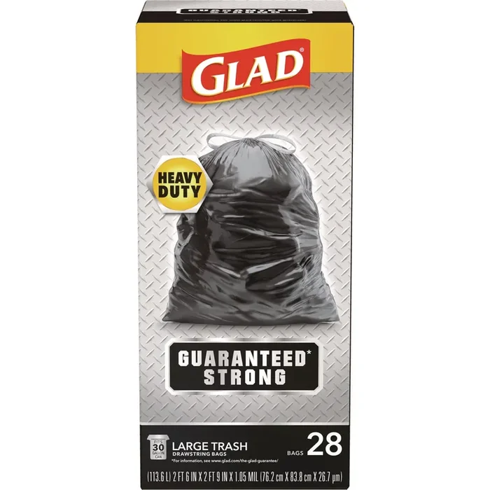 Glad® Guaranteed Strong Large Drawstring Trash Bags, Three-Ply, 30 gal, 1.05 mil, 30 x 33, Black, 28/Box