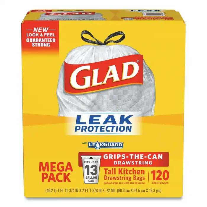 Glad® Tall Kitchen Drawstring Trash Bags with LeakGuard, 13 gal, Unscented, 23.75″ x 25.38″, White, 120/Box