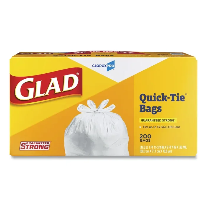 Glad® Tall Kitchen Quick-Tie Bags, Tie-Flap, 13 gal, 23.75″ x 28″, White, 200/Box
