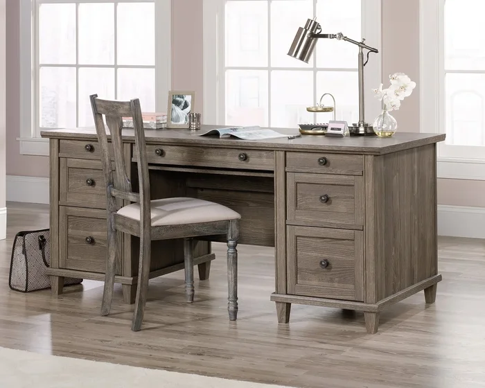 Hammond Executive Desk in Emery Oak – Spacious 1″ Thick Top with 7 Drawers, Flip-Down Keyboard Shelf & Cord Management for Home Office