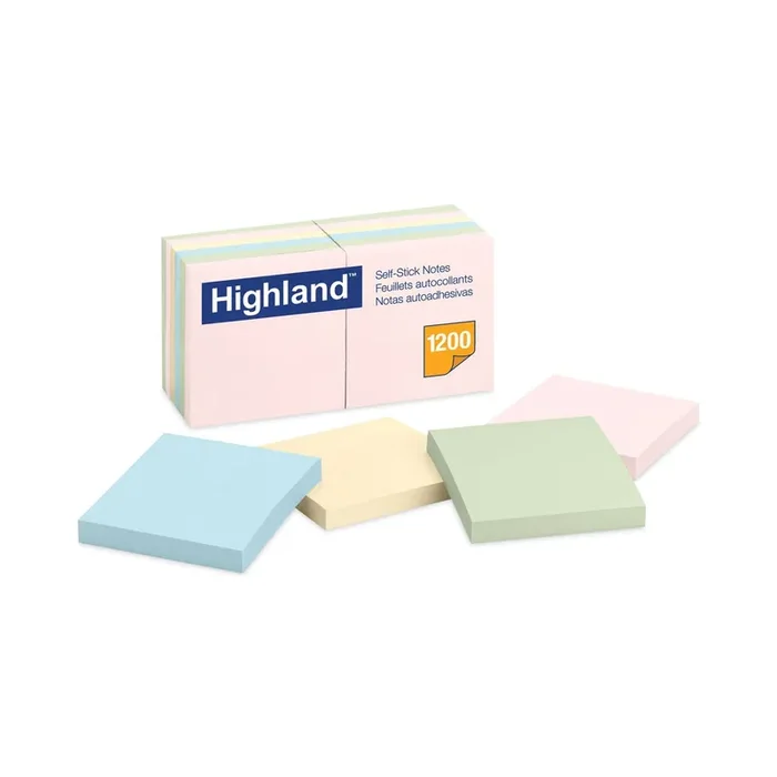 Highland™ Self-Stick Notes, 3″ x 3″, Assorted Pastel Colors, 100 Sheets/Pad, 12 Pads/Pack