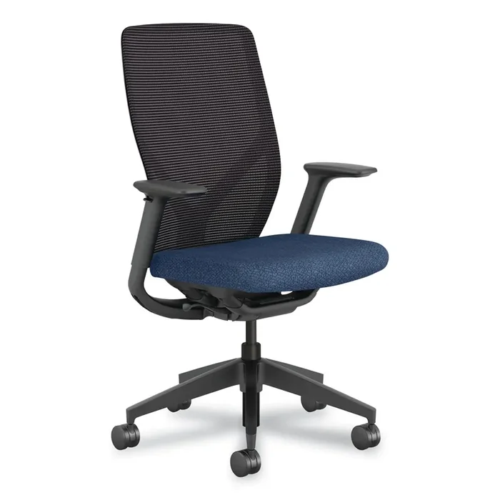 HON® Flexion Mesh Back Chair, Supports Up to 300 lb, 14.81″ to 19.7″ Seat Height, Navy Seat, Black Back, Black Base