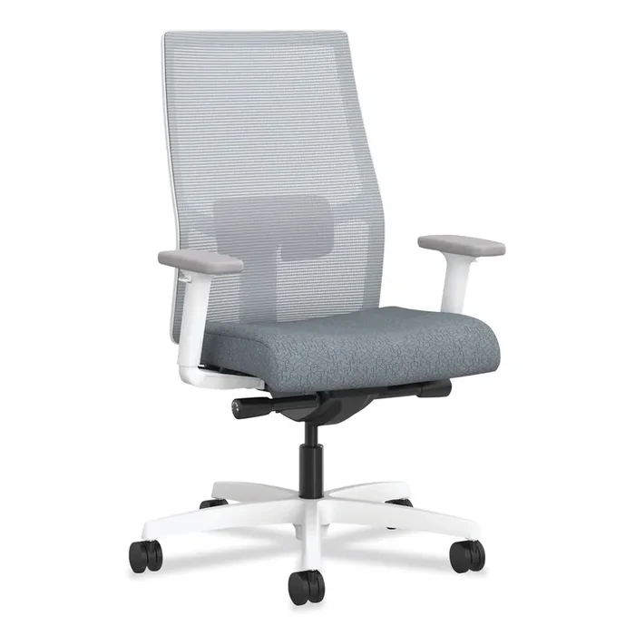 HON® Ignition 2.0 4-Way Stretch Mid-Back Task Chair, Supports 300 lb, 17″ to 21″ Seat Height, Basalt Seat, Fog Back, White Base