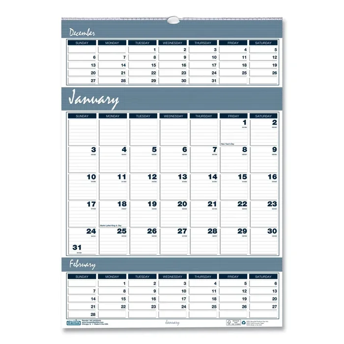 House of Doolittle™ Bar Harbor Recycled Wirebound 3-Months-per-Page Wall Calendar, 12 x 17, White/Blue/Gray, 14-Month Dec 2024 to Jan 2026