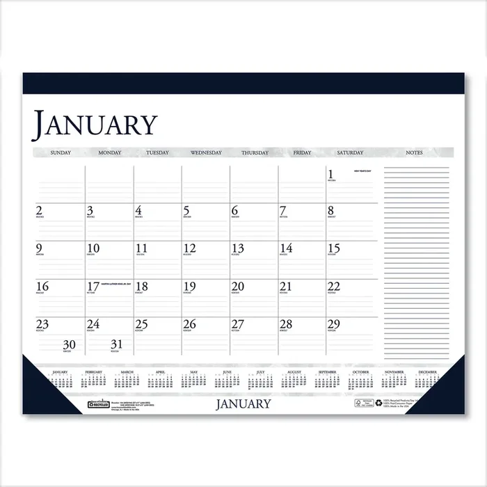 House of Doolittle™ Recycled Two-Color Monthly Desk Pad Calendar with Notes Section, 18.5 x 13, Blue Binding/Corners, 12-Month (Jan-Dec) 2025