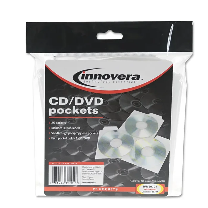 Innovera® CD/DVD Pockets, 1 Disc Capacity, Clear, 25/Pack