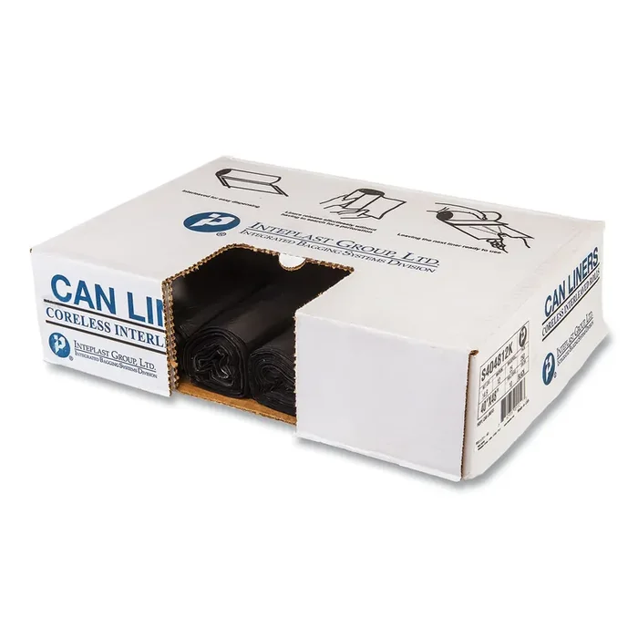 Inteplast Group High-Density Commercial Can Liners, 45 gal, 12 mic, 40″ x 48″, Black, Interleaved Roll, 25 Bags/Roll, 10 Rolls/Carton