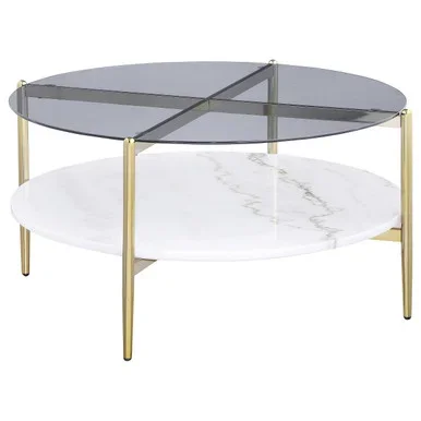 Jonelle Round Glass Top Coffee Table White Marble Shelf Gold / CS-710338