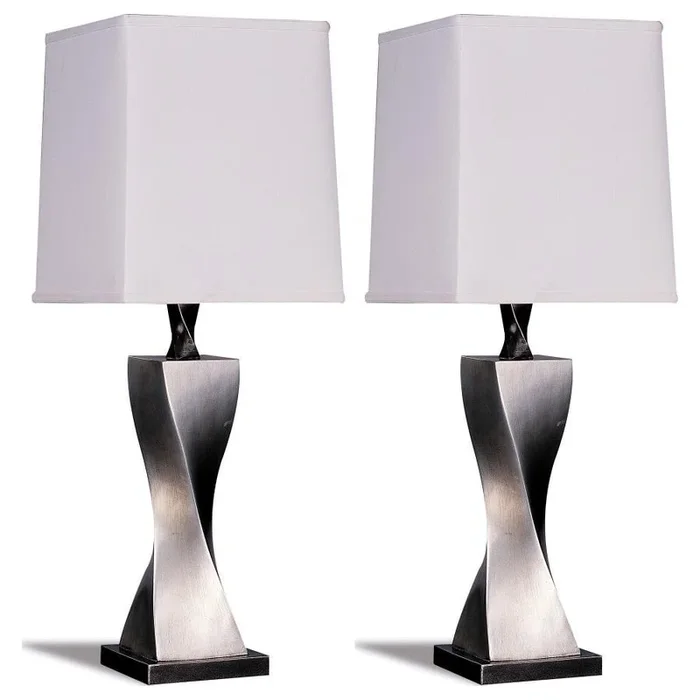 Keene Tapered Shade Table Lamp Set of 2 – Distressed Silver Twisted Metal Base with Square White Shades, Modern Accent Lighting for Home