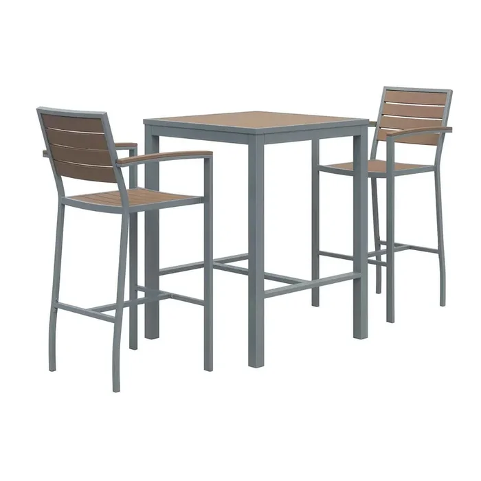 KFI Studios Eveleen Outdoor Bistro Patio Table with Two Mocha Powder-Coated Polymer Barstools, 30″ Square, Mocha