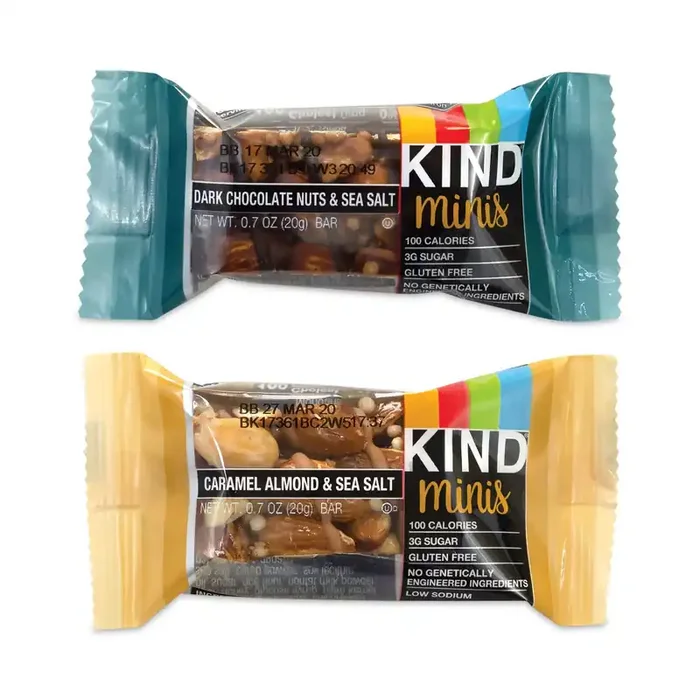 KIND Minis, Dark Chocolate Nuts Sea Salt/Caramel Almond Nuts Sea Salt, 0.7 oz Bar, 32 Bars/Carton