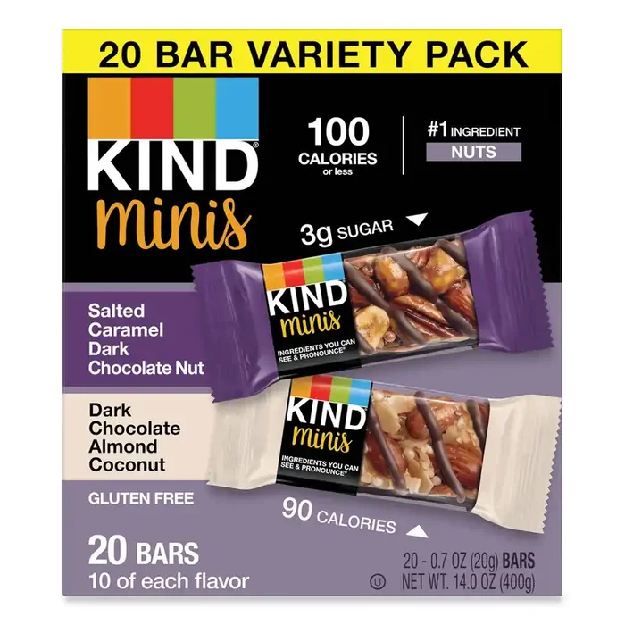 KIND Minis, Salted Caramel And Dark Chocolate Nut/dark Chocolate Almond And Coconut, 0.7 Oz, 20/pack