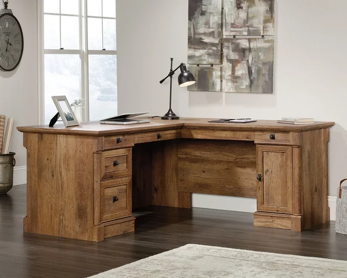 L-Shaped Desk in Vintage Oak – Drawer Storage, File Drawer & Adjustable CPU Tower Space for Home Office