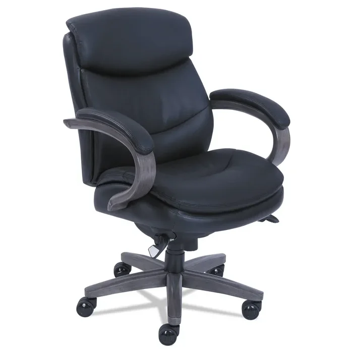 La-Z-Boy® Woodbury Mid-Back Executive Chair, Supports Up To 300 Lb, 18.75″ To 21.75″ Seat Height, Black Seat/back, Weathered Gray Base