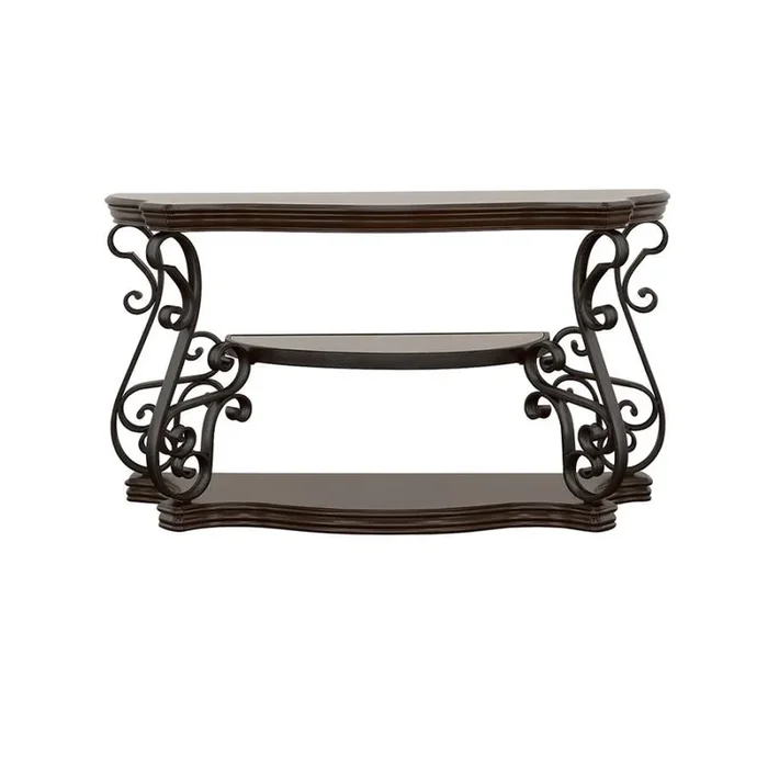 Laney Scrollwork Entryway Sofa Console Table with Tempered Glass Top, Cherry Veneer, Metal Scroll Base, and Deep Merlot Wood Finish