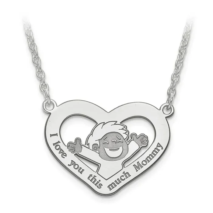 Laser Little Boy Love Heart Pendant with Chain Sterling Silver Rhodium-plated XNA684SS