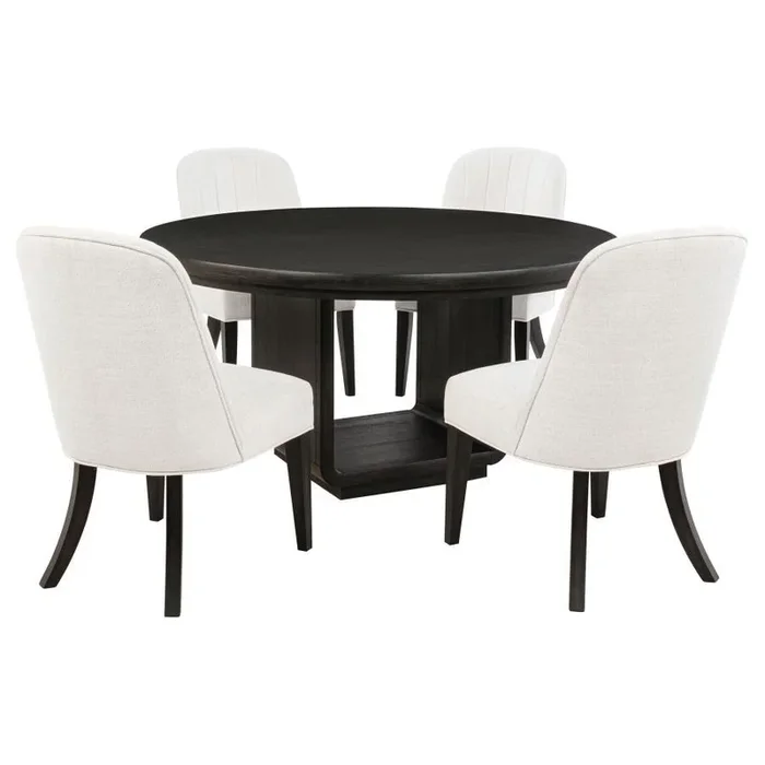 Leandro – 5 Piece Round Dining Table Set – Cream / Burnished Black