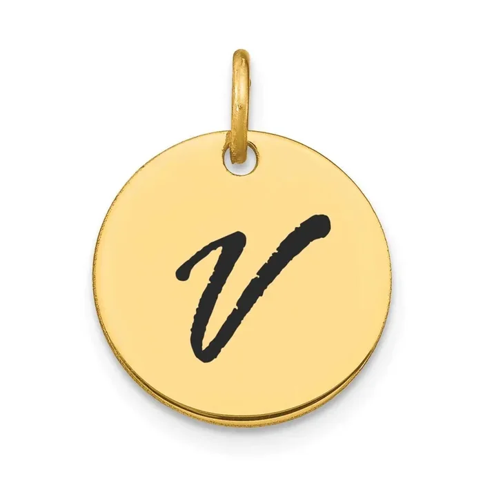 Letter V Black Epoxy Initial Disk Charm 14k Gold Polished YC1436V