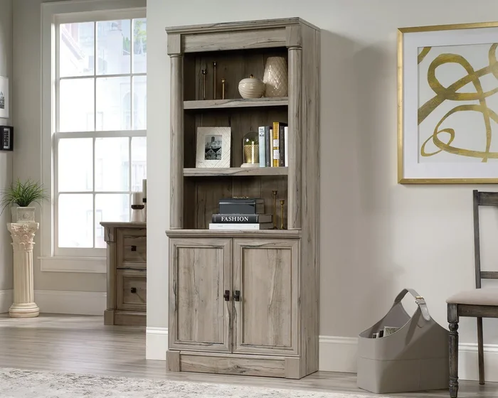 Library Bookcase with Doors in Split Oak – Adjustable Shelves & Hidden Storage for Organized Workspace