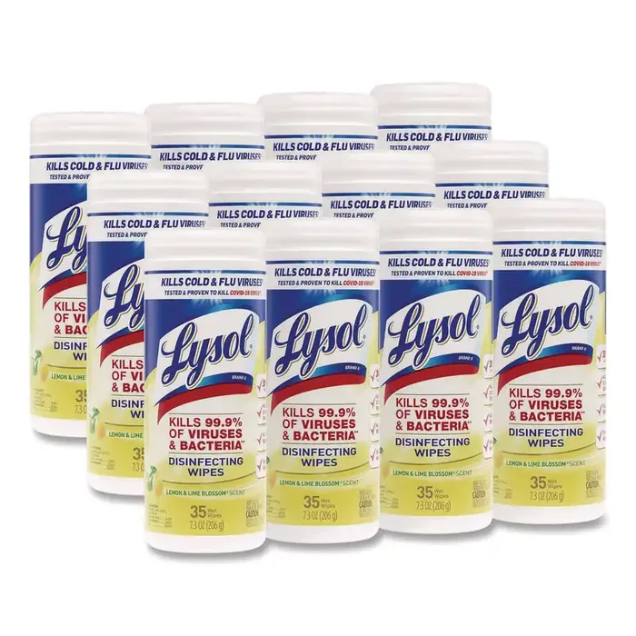 LYSOL® Brand Disinfecting Wipes, 1-Ply, 7 x 7.25, Lemon and Lime Blossom, White, 35 Wipes/Canister, 12 Canisters/Carton